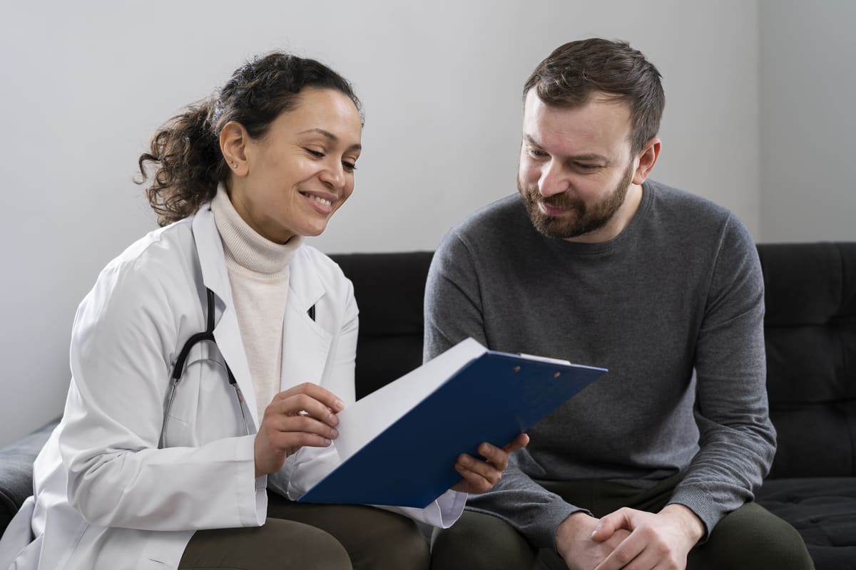 Profissional da saúde mostrando contrato para homem, em alusão à migração de plano de saúde.